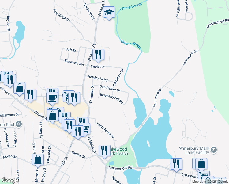 map of restaurants, bars, coffee shops, grocery stores, and more near 86 Dan Parker Drive in Waterbury