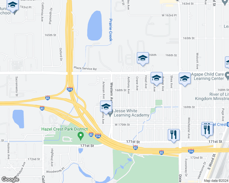 map of restaurants, bars, coffee shops, grocery stores, and more near 16801 Western Avenue in Hazel Crest
