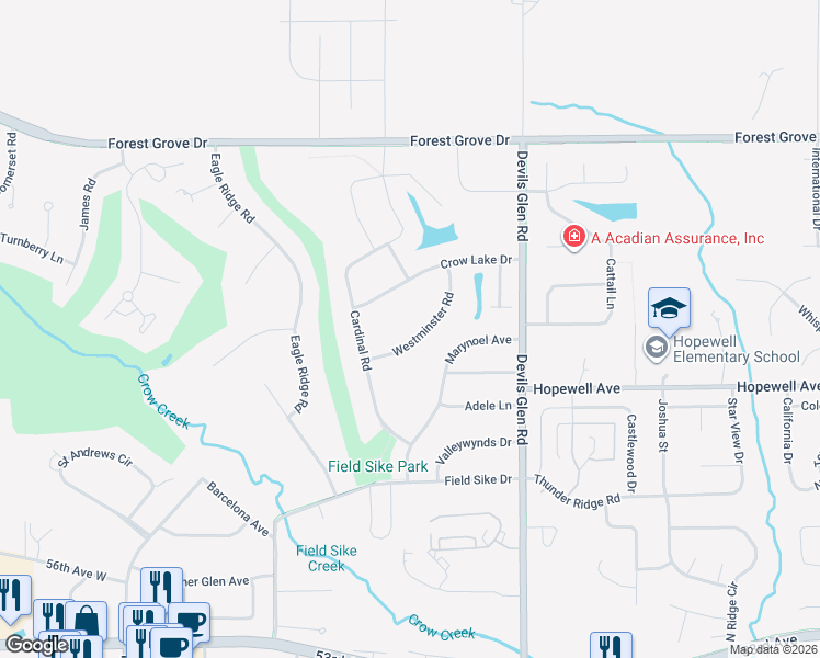 map of restaurants, bars, coffee shops, grocery stores, and more near 3214 Westminster Road in Bettendorf