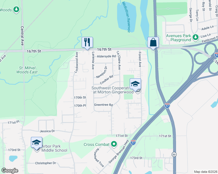 map of restaurants, bars, coffee shops, grocery stores, and more near 5125 Deerpath Road in Oak Forest