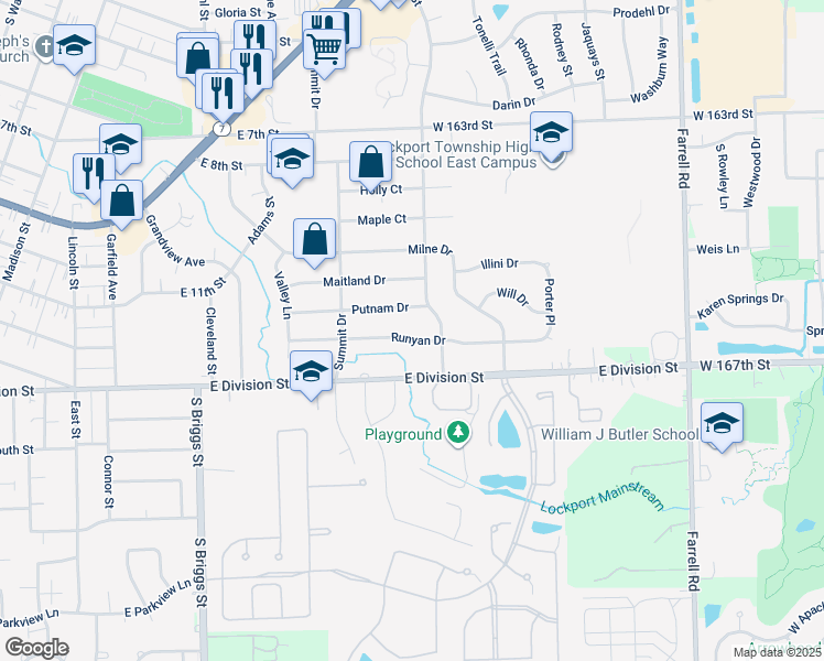 map of restaurants, bars, coffee shops, grocery stores, and more near 1018 Runyan Drive in Lockport