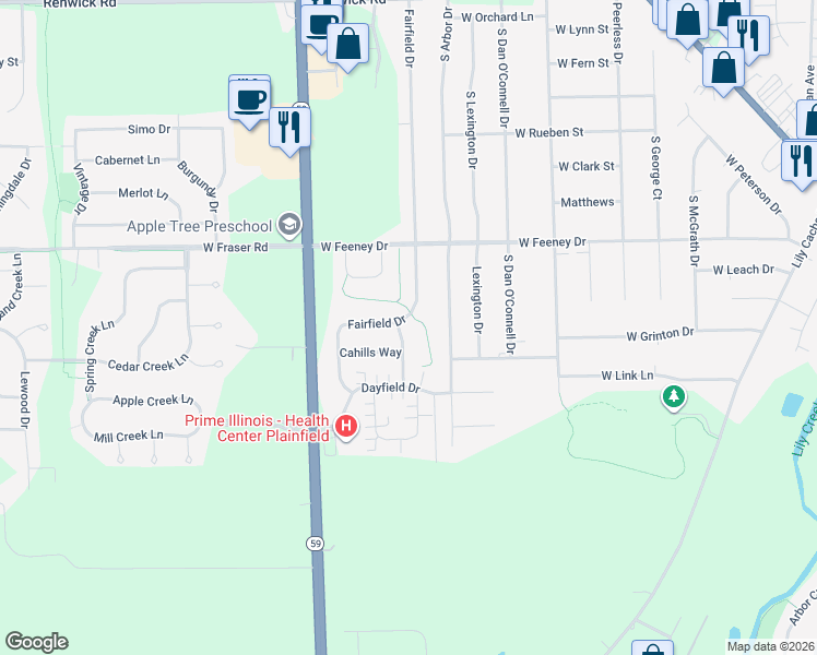 map of restaurants, bars, coffee shops, grocery stores, and more near 16427 Deer Ridge Drive in Plainfield