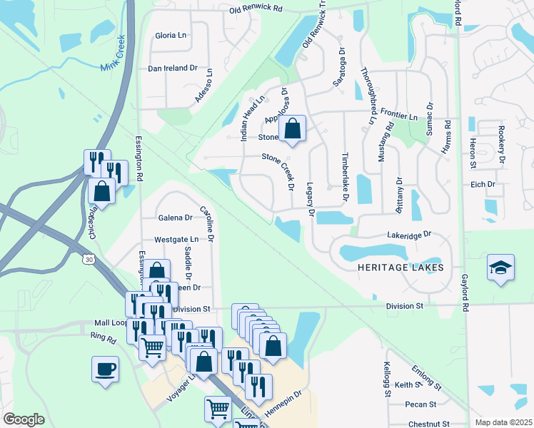 map of restaurants, bars, coffee shops, grocery stores, and more near 3405 Indian Head Lane in Joliet