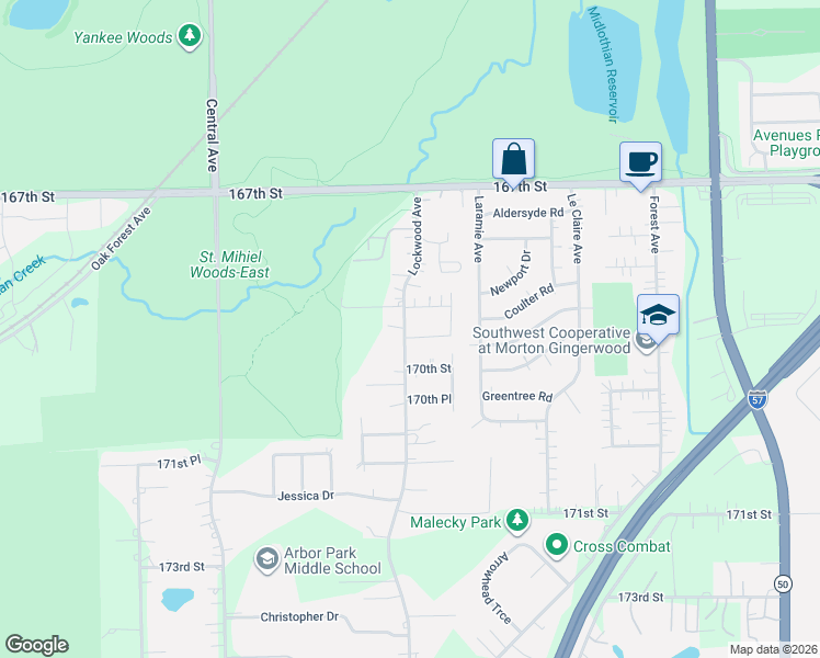 map of restaurants, bars, coffee shops, grocery stores, and more near 16900 Lockwood Avenue in Tinley Park