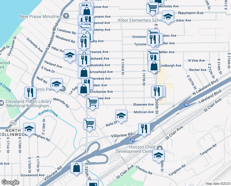 map of restaurants, bars, coffee shops, grocery stores, and more near 19014 Chickasaw Avenue in Cleveland