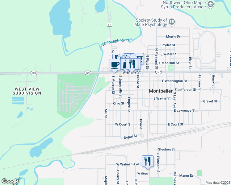 map of restaurants, bars, coffee shops, grocery stores, and more near 308 South Monroe Street in Montpelier