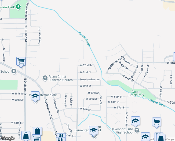 map of restaurants, bars, coffee shops, grocery stores, and more near 1238 West 61st Street in Davenport