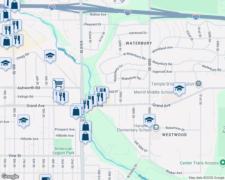 map of restaurants, bars, coffee shops, grocery stores, and more near 6005 Walnut Hill Avenue in Des Moines