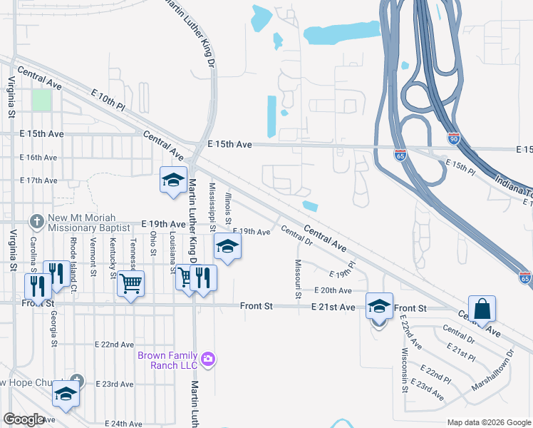 map of restaurants, bars, coffee shops, grocery stores, and more near 1908 Central Drive in Gary
