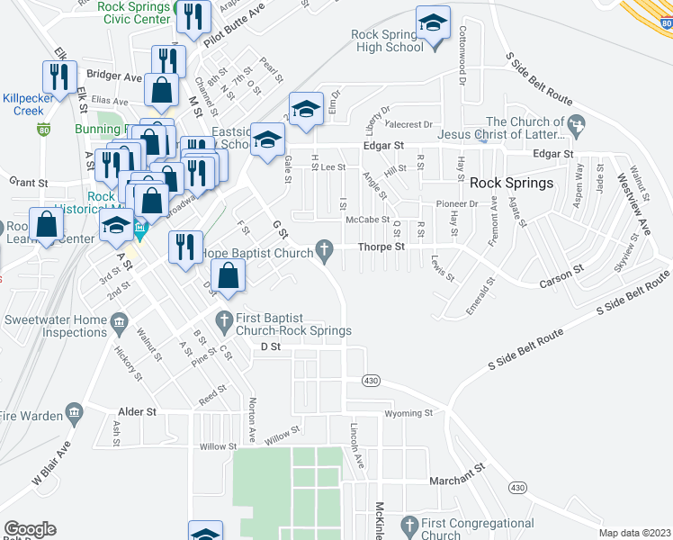 map of restaurants, bars, coffee shops, grocery stores, and more near 526 I Street in Rock Springs