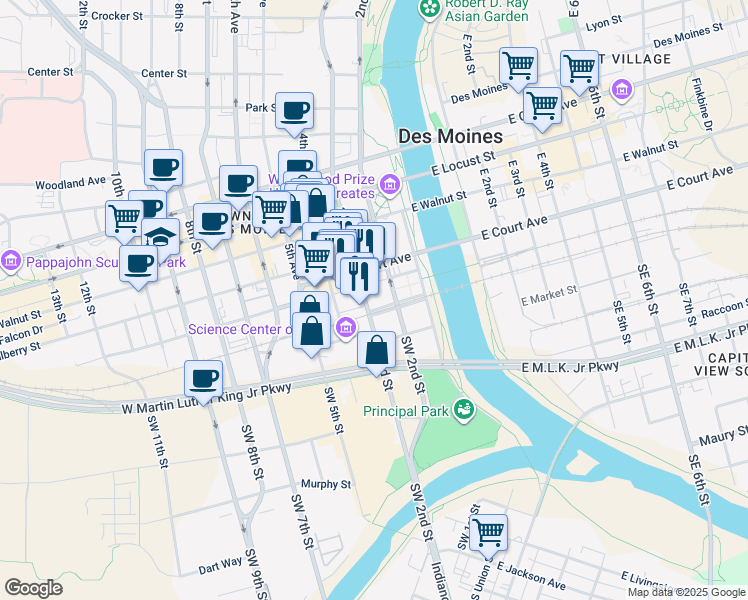 map of restaurants, bars, coffee shops, grocery stores, and more near 107 3rd Street in Des Moines