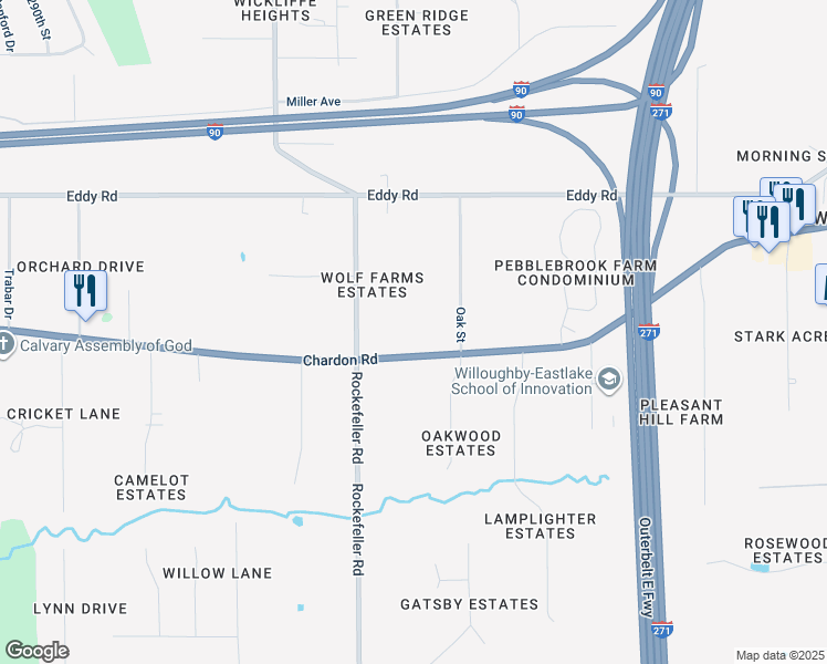 map of restaurants, bars, coffee shops, grocery stores, and more near 29951 Chardon Road in Willoughby Hills