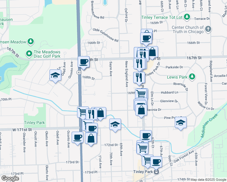 map of restaurants, bars, coffee shops, grocery stores, and more near 16845 Sayre Avenue in Tinley Park