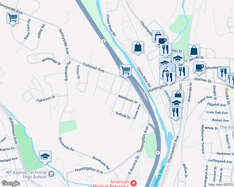 map of restaurants, bars, coffee shops, grocery stores, and more near 92 Middlesex Street in Waterbury