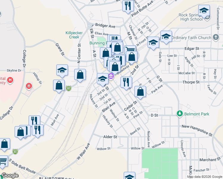 map of restaurants, bars, coffee shops, grocery stores, and more near 255 2nd Street in Rock Springs