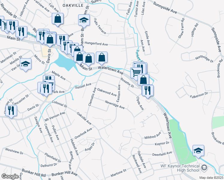 map of restaurants, bars, coffee shops, grocery stores, and more near 44 Oakwood Avenue in Waterbury