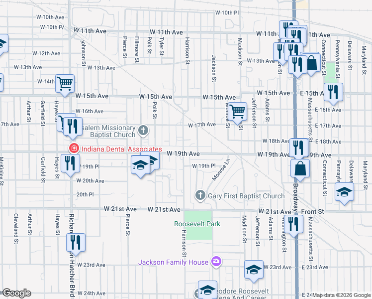 map of restaurants, bars, coffee shops, grocery stores, and more near 738 West 19th Place in Gary