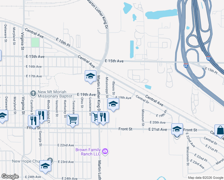 map of restaurants, bars, coffee shops, grocery stores, and more near 1818 Illinois Street in Gary