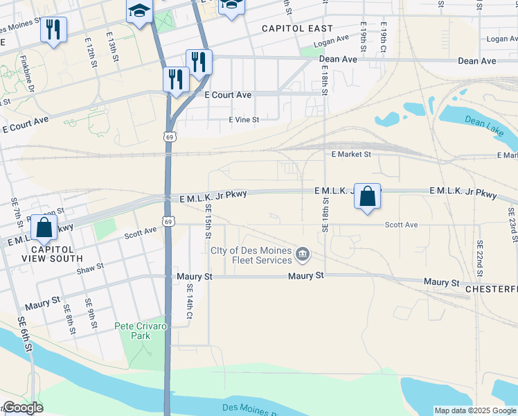 map of restaurants, bars, coffee shops, grocery stores, and more near 1551 East Martin Luther King Junior Parkway in Des Moines