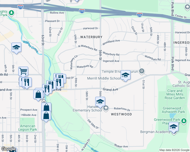 map of restaurants, bars, coffee shops, grocery stores, and more near 5604 Walnut Hill Avenue in Des Moines