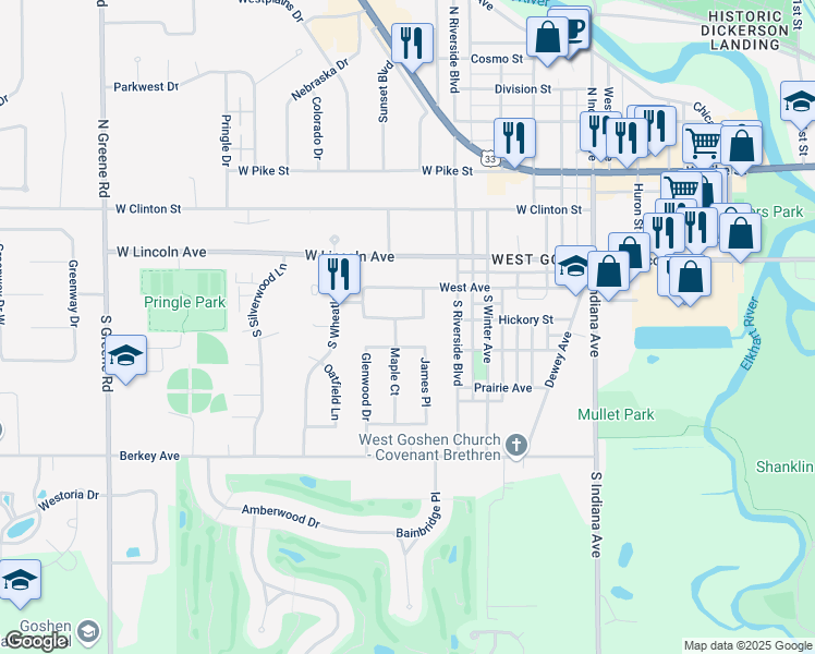 map of restaurants, bars, coffee shops, grocery stores, and more near 1506 Hickory Pl in Goshen