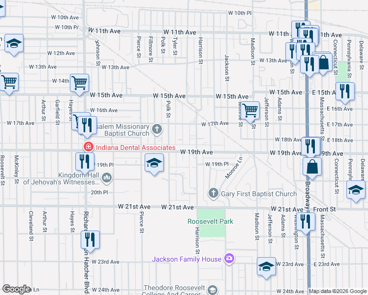 map of restaurants, bars, coffee shops, grocery stores, and more near 902 West 19th Avenue in Gary