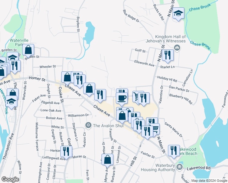 map of restaurants, bars, coffee shops, grocery stores, and more near 26 Judith Lane in Waterbury