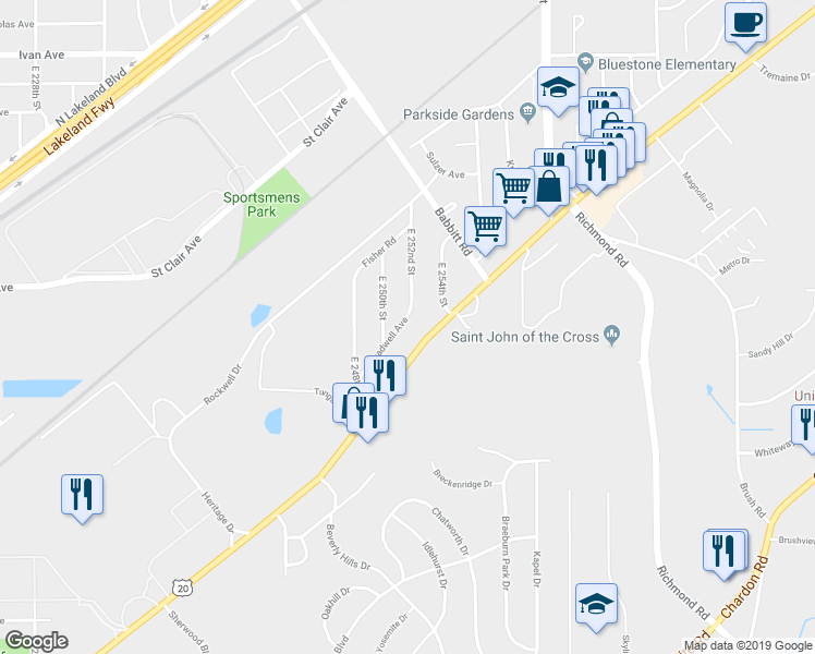 map of restaurants, bars, coffee shops, grocery stores, and more near 25180 Treadwell Avenue in Euclid