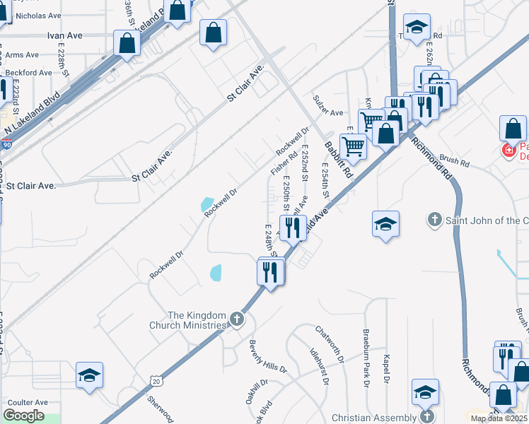 map of restaurants, bars, coffee shops, grocery stores, and more near 1507 East 248th Street in Euclid