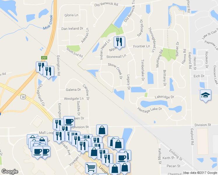 map of restaurants, bars, coffee shops, grocery stores, and more near 3407 Indian Head Lane in Joliet
