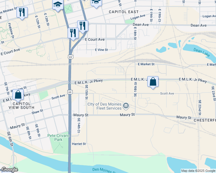 map of restaurants, bars, coffee shops, grocery stores, and more near 1551 East Martin Luther King Junior Parkway in Des Moines