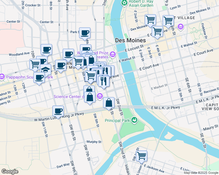 map of restaurants, bars, coffee shops, grocery stores, and more near 107 3rd Street in Des Moines