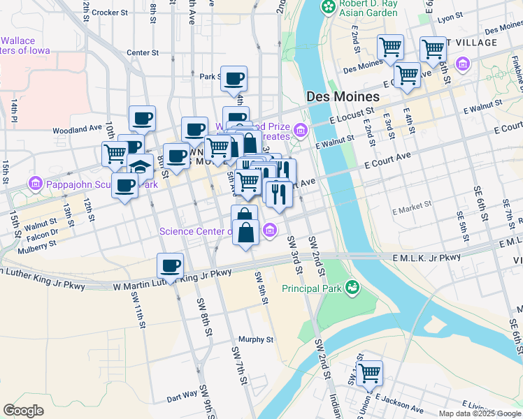 map of restaurants, bars, coffee shops, grocery stores, and more near 316 Court Avenue in Des Moines
