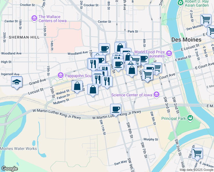 map of restaurants, bars, coffee shops, grocery stores, and more near in Des Moines