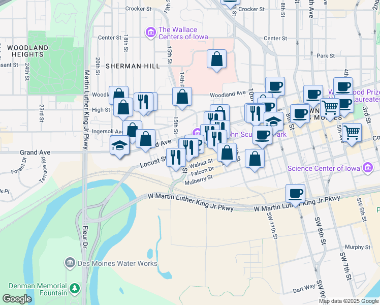 map of restaurants, bars, coffee shops, grocery stores, and more near in Des Moines