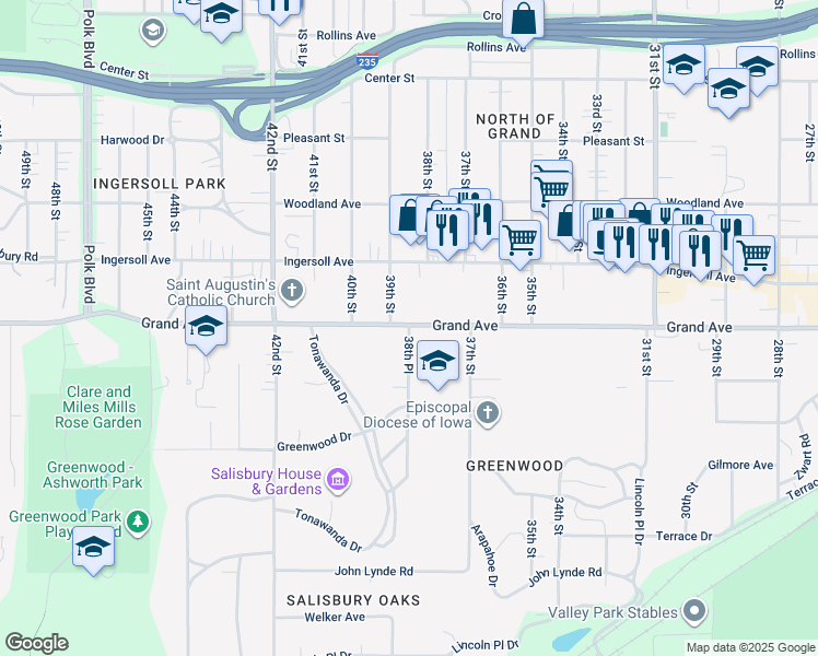 map of restaurants, bars, coffee shops, grocery stores, and more near 3820 Grand Avenue in Des Moines