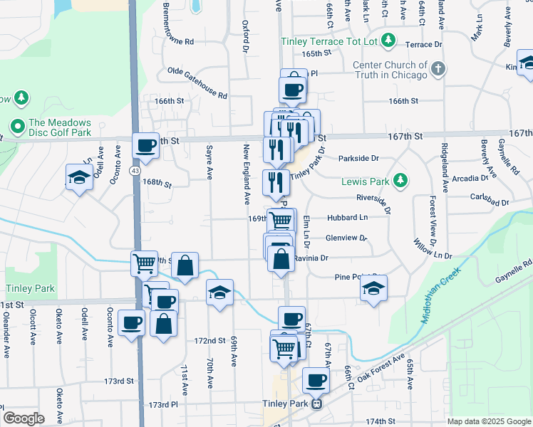 map of restaurants, bars, coffee shops, grocery stores, and more near 6830 169th Street in Tinley Park