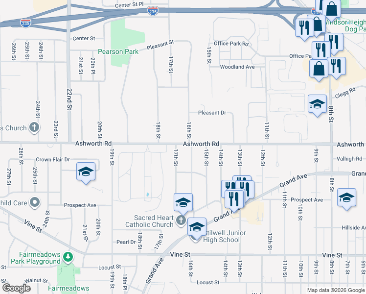 map of restaurants, bars, coffee shops, grocery stores, and more near 1610 Ashworth Road in West Des Moines