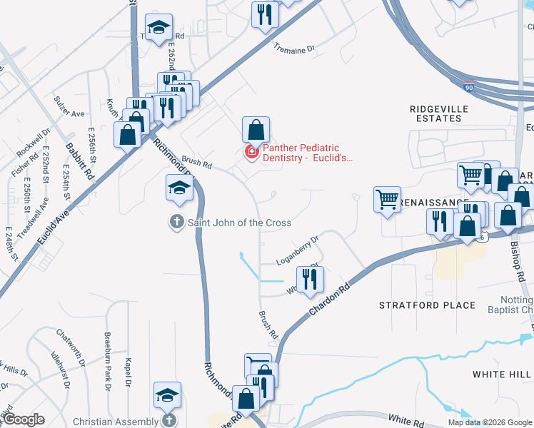 map of restaurants, bars, coffee shops, grocery stores, and more near 131 Brush Road in Richmond Heights