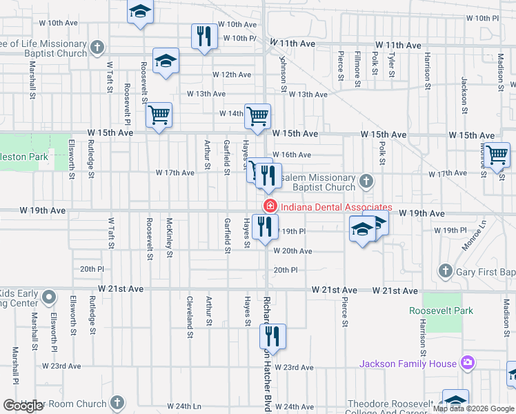 map of restaurants, bars, coffee shops, grocery stores, and more near 1785 Hayes Street in Gary