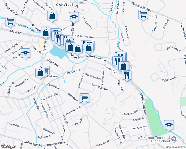 map of restaurants, bars, coffee shops, grocery stores, and more near 68 Oakwood Avenue in Waterbury