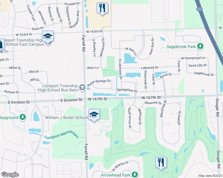 map of restaurants, bars, coffee shops, grocery stores, and more near 16602 Karen Springs Drive in Lockport