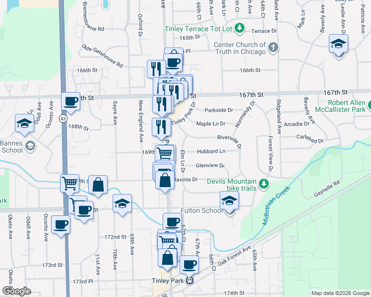 map of restaurants, bars, coffee shops, grocery stores, and more near 16871 Elm Lane Drive in Tinley Park