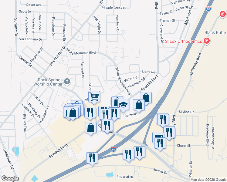 map of restaurants, bars, coffee shops, grocery stores, and more near 311 Peak Rd in Rock Springs