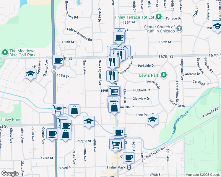 map of restaurants, bars, coffee shops, grocery stores, and more near 6830 169th Street in Tinley Park