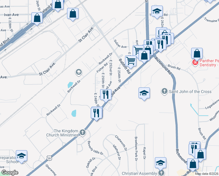 map of restaurants, bars, coffee shops, grocery stores, and more near 25180 Treadwell Avenue in Euclid