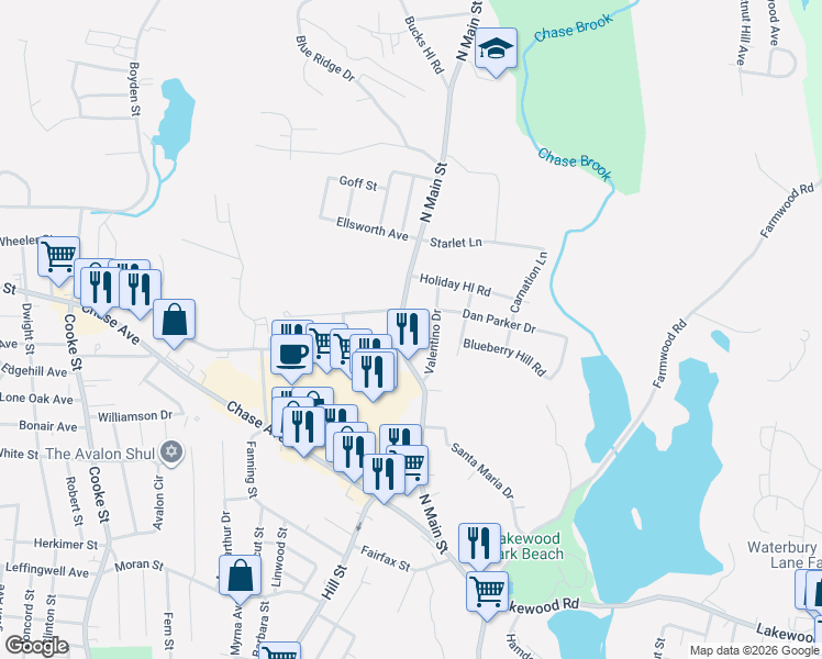 map of restaurants, bars, coffee shops, grocery stores, and more near 2490 North Main Street in Waterbury
