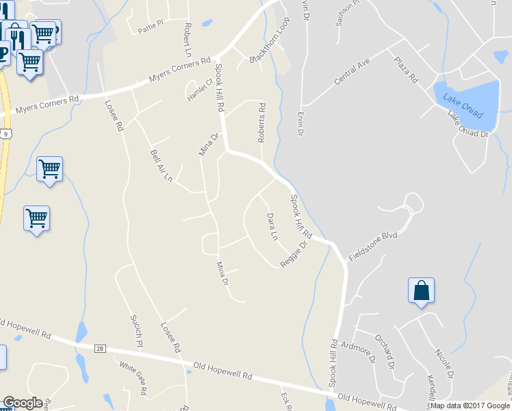 map of restaurants, bars, coffee shops, grocery stores, and more near 23 Dara Lane in Wappingers Falls