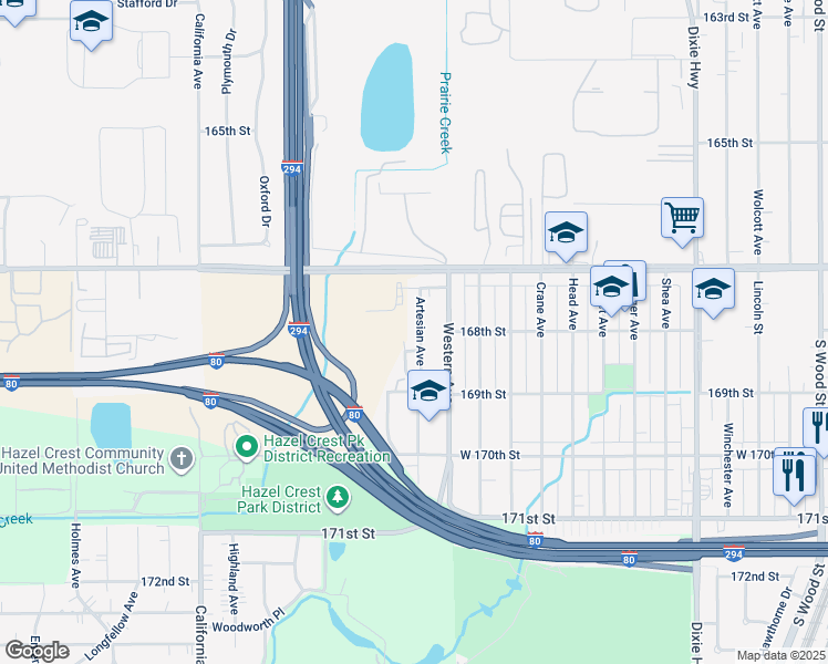 map of restaurants, bars, coffee shops, grocery stores, and more near 16792 Artesian Avenue in Hazel Crest