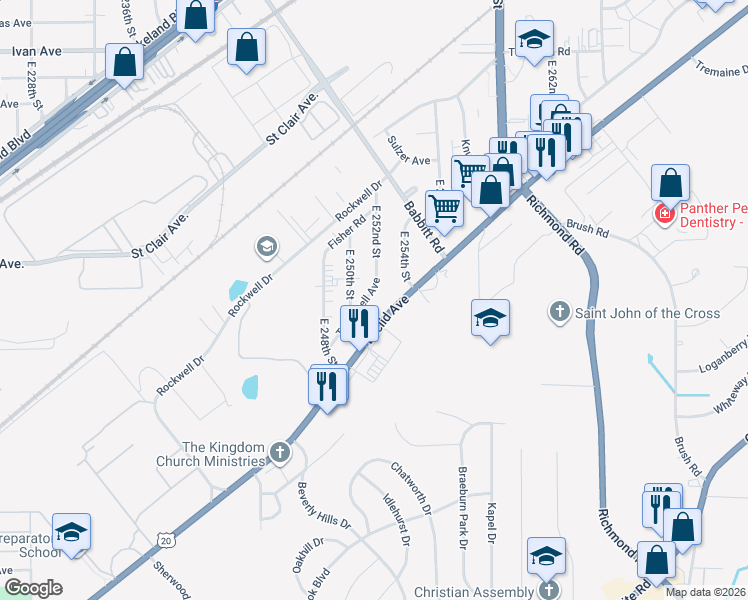 map of restaurants, bars, coffee shops, grocery stores, and more near 25180 Treadwell Avenue in Euclid